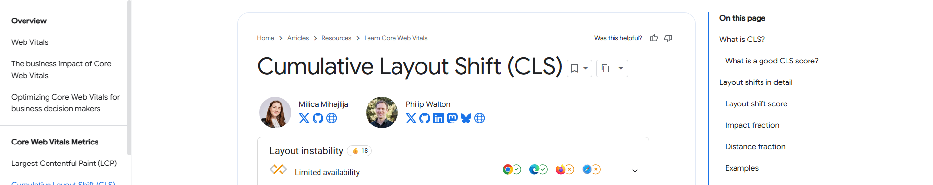 Thumbnail image of the CLS web development article from Google's website